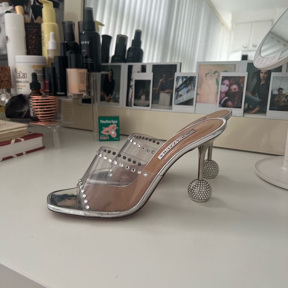 Aquazzura Silver Secrets 95 Crystal Embellished PVC Leather Mule Heels size 38